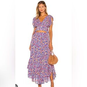 Free People Pretty Daze Purple and Blue Maxi A-Line Skirt with Tie Front